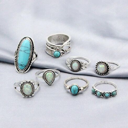 Chunky Bohemian Stackble Knuckle Rings Vintage Oval Turquoise Finger Rings Opal Teardrop Statement Midi Ring Set Western Country Festival Accessories in Saudi Arabia