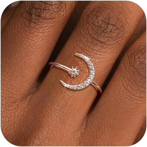 925 الفضة الاسترليني الشمس والقمر حلقات نجمة للنساء حلقة مفتوحة قابلة للتعديل تكويم مكعب زركونيا الهلال القمر كوكب السماوية خواتم لابنتي خاتم مجوهرات عيد ميلاد هدايا عيد الميلاد in Kuwait
