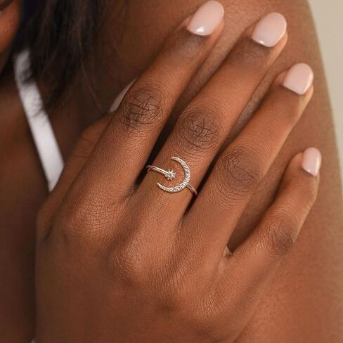 925 الفضة الاسترليني الشمس والقمر حلقات نجمة للنساء حلقة مفتوحة قابلة للتعديل تكويم مكعب زركونيا الهلال القمر كوكب السماوية خواتم لابنتي خاتم مجوهرات عيد ميلاد هدايا عيد الميلاد in Kuwait