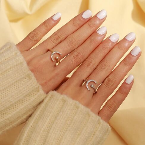 925 الفضة الاسترليني الشمس والقمر حلقات نجمة للنساء حلقة مفتوحة قابلة للتعديل تكويم مكعب زركونيا الهلال القمر كوكب السماوية خواتم لابنتي خاتم مجوهرات عيد ميلاد هدايا عيد الميلاد in Kuwait