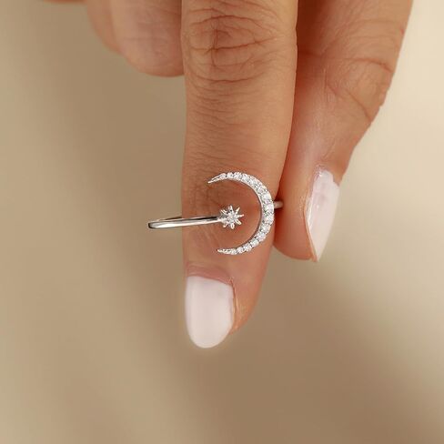 925 الفضة الاسترليني الشمس والقمر حلقات نجمة للنساء حلقة مفتوحة قابلة للتعديل تكويم مكعب زركونيا الهلال القمر كوكب السماوية خواتم لابنتي خاتم مجوهرات عيد ميلاد هدايا عيد الميلاد in Kuwait
