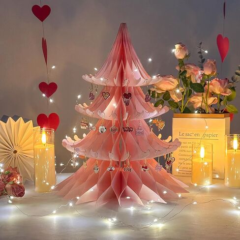 Valentines Day Decorations, 15.75in Paper Valentines Tree with 50pcs Valentine Ornaments Valentine Honeycomb Table Decorations Centerpiece for Home Wedding Anniversary (Light Pink) in Saudi Arabia