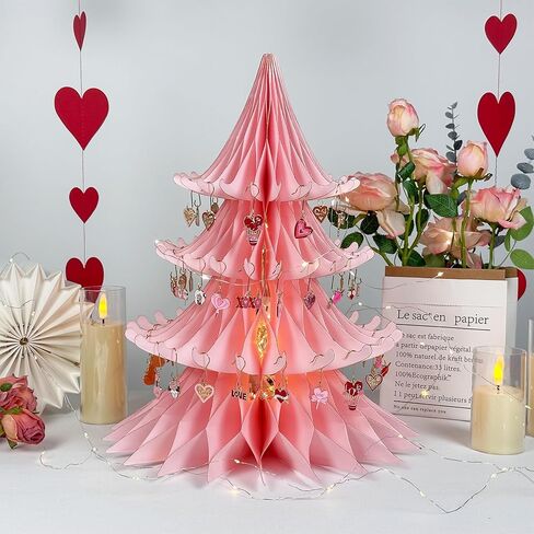 Valentines Day Decorations, 15.75in Paper Valentines Tree with 50pcs Valentine Ornaments Valentine Honeycomb Table Decorations Centerpiece for Home Wedding Anniversary (Light Pink) in Saudi Arabia