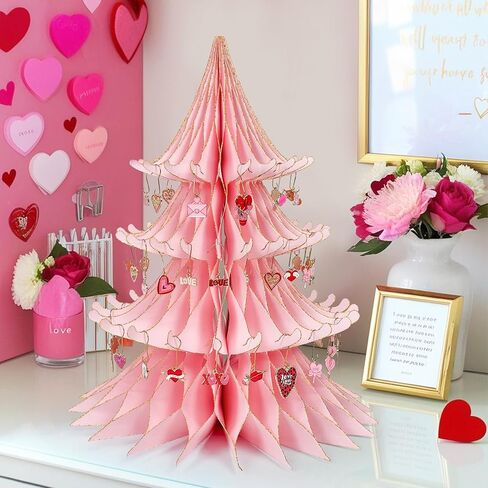 Valentines Day Decorations, 15.75in Paper Valentines Tree with 50pcs Valentine Ornaments Valentine Honeycomb Table Decorations Centerpiece for Home Wedding Anniversary (Light Pink) in Saudi Arabia