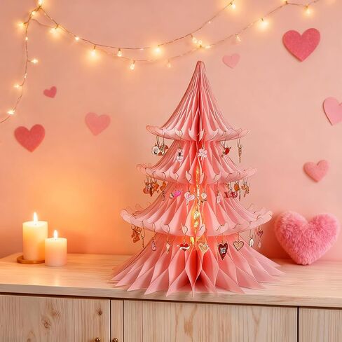 Valentines Day Decorations, 15.75in Paper Valentines Tree with 50pcs Valentine Ornaments Valentine Honeycomb Table Decorations Centerpiece for Home Wedding Anniversary (Light Pink) in Saudi Arabia