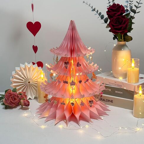 Valentines Day Decorations, 15.75in Paper Valentines Tree with 50pcs Valentine Ornaments Valentine Honeycomb Table Decorations Centerpiece for Home Wedding Anniversary (Light Pink) in Saudi Arabia