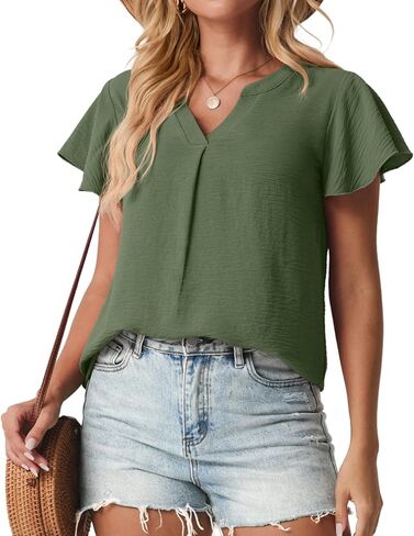 Womens Spring Tops Summer Dressy Casual Cute V Neck Ruffle Sleeve Blouses Flowy Shirts in Saudi Arabia