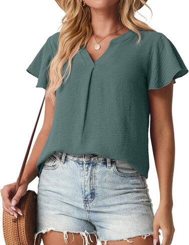 Womens Spring Tops Summer Dressy Casual Cute V Neck Ruffle Sleeve Blouses Flowy Shirts in Saudi Arabia