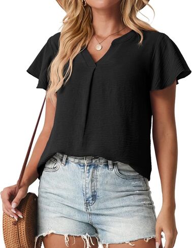 Womens Spring Tops Summer Dressy Casual Cute V Neck Ruffle Sleeve Blouses Flowy Shirts in Saudi Arabia