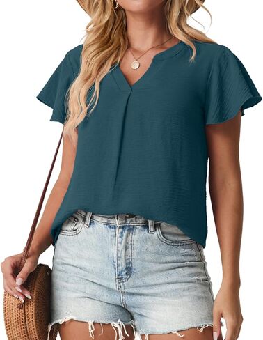 Womens Spring Tops Summer Dressy Casual Cute V Neck Ruffle Sleeve Blouses Flowy Shirts in Saudi Arabia