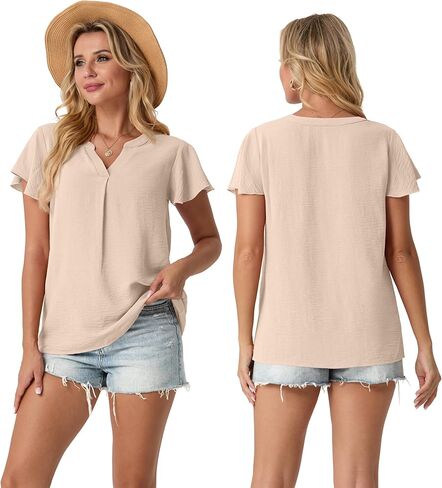 Womens Spring Tops Summer Dressy Casual Cute V Neck Ruffle Sleeve Blouses Flowy Shirts in Saudi Arabia