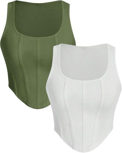 WDIRARA Women's 2 Pack Crop Bustier Corset Tank Top Sleeveless Square Neck Asymmetrical Hem Ribbed T Shirts in Kuwait