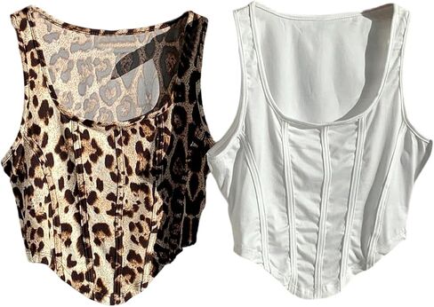WDIRARA Women's 2 Pack Crop Bustier Corset Tank Top Sleeveless Square Neck Asymmetrical Hem Ribbed T Shirts in Kuwait