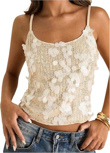 Milumia Women's Sequin Scoop Neck Cami Top Sexy Spaghetti Strap Backless Party Club Tops in Saudi Arabia