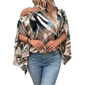 GORGLITTER Women's Plus Size Blouse Tops Trendy Dressy Casual Fall Cold Shoulder 3/4 Sleeve Asymmetrical Neck Shirt Top in Saudi Arabia
