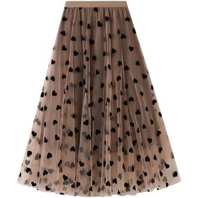 Women's Elastic High Waist 3D Heart Double-Layered A-Line Mesh Tulle Midi Skirt in Saudi Arabia