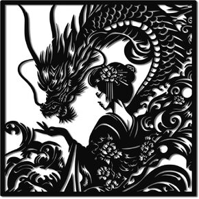 JEWLOVE Japanese Dragon & Geisha Metal Wall Art - Traditional Japanese Decor for Living Room, Bedroom（11.81"x11.81",Black in Kuwait