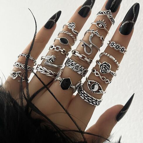 22pcs/set Vintage Ancient Silver Knuckle Rings Set for Women Men - Fashion Punk Style Rose Eye Snake Shape Design Adjustable Stackable Ring Pack in Saudi Arabia