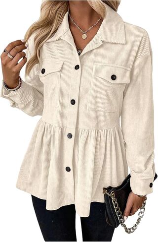 WDIRARA Women's Corduroy Jacket Long Sleeve Button Down Ruffle Babydoll Jackets Shackets in Saudi Arabia