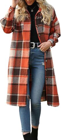 Plaid Trench Coat Womens Long for Winter, Long Fashion Plaid Button Down Casual Long Shacket Coat Long Flannel Jacket in Saudi Arabia