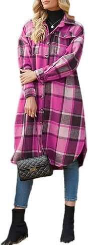 Plaid Trench Coat Womens Long for Winter, Long Fashion Plaid Button Down Casual Long Shacket Coat Long Flannel Jacket in Saudi Arabia