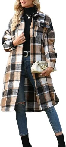 Plaid Trench Coat Womens Long for Winter, Long Fashion Plaid Button Down Casual Long Shacket Coat Long Flannel Jacket in Saudi Arabia