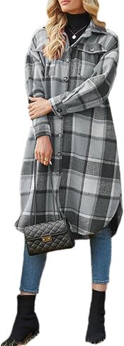 Plaid Trench Coat Womens Long for Winter, Long Fashion Plaid Button Down Casual Long Shacket Coat Long Flannel Jacket in Saudi Arabia