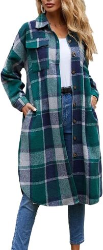 Plaid Trench Coat Womens Long for Winter, Long Fashion Plaid Button Down Casual Long Shacket Coat Long Flannel Jacket in Saudi Arabia