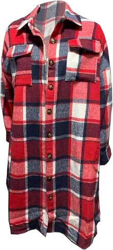 Plaid Trench Coat Womens Long for Winter, Long Fashion Plaid Button Down Casual Long Shacket Coat Long Flannel Jacket in Saudi Arabia