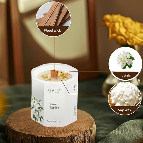 شمعة معطرة، شمعة شمع الصويا الطبيعي، شمعة طقطقة فتيل الخشب، ديكور المنزل وهدية العلاج العطري للاسترخاء للنساء والرجال، أبيض، (الياسمين) in Kuwait