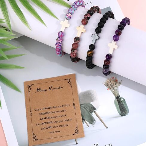 4 Pcs Cross Bracelets with Always Remember Cards, Christmas Gifts for Teens Girl Gift Trendy Stuff,Stocking Stuffers for Teen Girls,Christian Bracelets Sobriety Gifts for Men Women Girl Boy Gift Ideas in Saudi Arabia