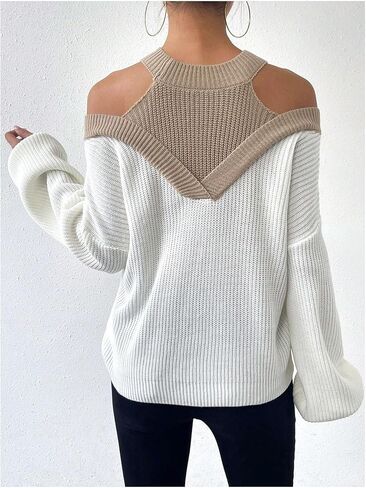 Milumia Women's Fall Color Block Off The Shoulder Crew Neck Long Sleeve Knitted Pullover Sweater in Saudi Arabia