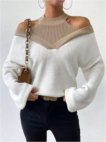 Milumia Women's Fall Color Block Off The Shoulder Crew Neck Long Sleeve Knitted Pullover Sweater in Saudi Arabia