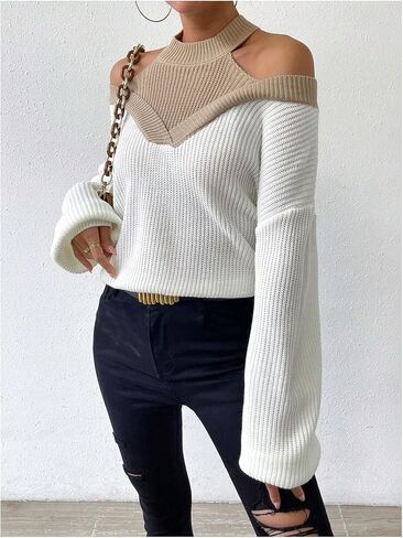 Milumia Women's Fall Color Block Off The Shoulder Crew Neck Long Sleeve Knitted Pullover Sweater in Saudi Arabia