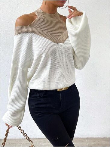 Milumia Women's Fall Color Block Off The Shoulder Crew Neck Long Sleeve Knitted Pullover Sweater in Saudi Arabia