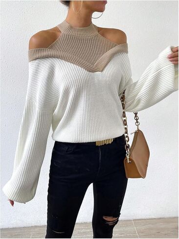 Milumia Women's Fall Color Block Off The Shoulder Crew Neck Long Sleeve Knitted Pullover Sweater in Saudi Arabia