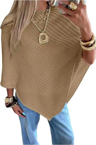 MakeMeChic Women's Cape Poncho Sweater Cloak Sleeve Boat Neck Asymmetrical Rib Knitted Tops in Saudi Arabia