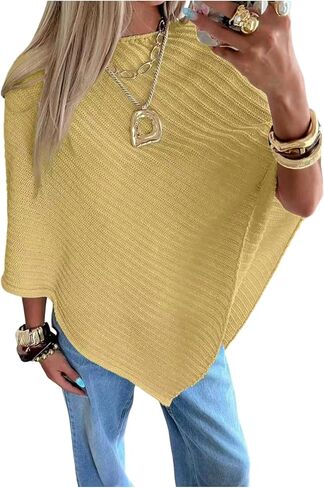 MakeMeChic Women's Cape Poncho Sweater Cloak Sleeve Boat Neck Asymmetrical Rib Knitted Tops in Kuwait