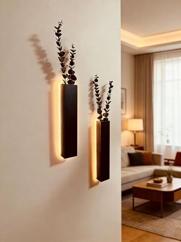 الأوكالبتوس الاصطناعي مع أضواء LED مزارعي الحائط ديكور جدار ريفي مع أضواء الكروم وهمية لديكور المنزل غرفة النوم غرفة المعيشة الحمام مزهرية معلقة للزهور المجففة والنباتات الصناعية (أسود) in Kuwait