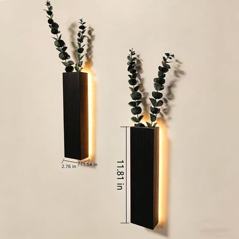 الأوكالبتوس الاصطناعي مع أضواء LED مزارعي الحائط ديكور جدار ريفي مع أضواء الكروم وهمية لديكور المنزل غرفة النوم غرفة المعيشة الحمام مزهرية معلقة للزهور المجففة والنباتات الصناعية (أسود) in Kuwait