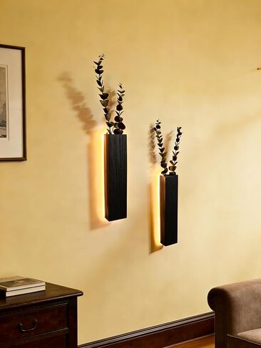 الأوكالبتوس الاصطناعي مع أضواء LED مزارعي الحائط ديكور جدار ريفي مع أضواء الكروم وهمية لديكور المنزل غرفة النوم غرفة المعيشة الحمام مزهرية معلقة للزهور المجففة والنباتات الصناعية (أسود) in Kuwait