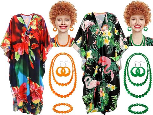 10pcs Landlady Bulk Costume Set Curly Brown Wig Print Caftan Dresses Jewelry Set for Halloween Women Cosplay Party(Green,Classic) in Saudi Arabia