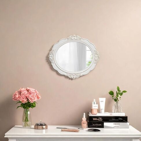 Vintage Oval Wall Mirror 21 x 24 inch, Handmade Distressed White Wood Frame Entryway Mirror with Beaded Detailing, Decorative Small Mirrors for Wall Decor Living Room, Horizontal or Vertical in Saudi Arabia