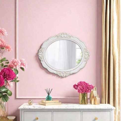 Vintage Oval Wall Mirror 21 x 24 inch, Handmade Distressed White Wood Frame Entryway Mirror with Beaded Detailing, Decorative Small Mirrors for Wall Decor Living Room, Horizontal or Vertical in Saudi Arabia