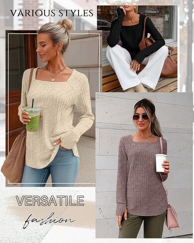 3 Pack Women's Long Sleeve Shirts, Square Neck Loose Fit Tunic Tops Fall Winter Casual Lightweight Sweaters in Saudi Arabia