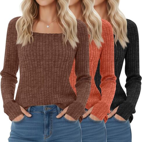 3 Pack Women's Long Sleeve Shirts, Square Neck Loose Fit Tunic Tops Fall Winter Casual Lightweight Sweaters in Saudi Arabia