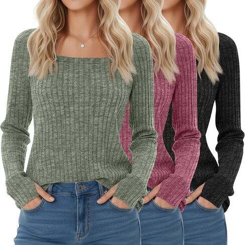 3 Pack Women's Long Sleeve Shirts, Square Neck Loose Fit Tunic Tops Fall Winter Casual Lightweight Sweaters in Saudi Arabia