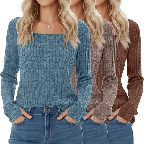 3 Pack Women's Long Sleeve Shirts, Square Neck Loose Fit Tunic Tops Fall Winter Casual Lightweight Sweaters in Saudi Arabia