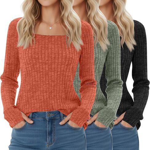 3 Pack Women's Long Sleeve Shirts, Square Neck Loose Fit Tunic Tops Fall Winter Casual Lightweight Sweaters in Saudi Arabia