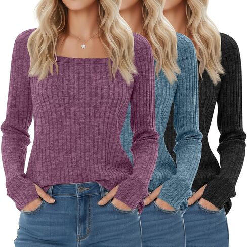 3 Pack Women's Long Sleeve Shirts, Square Neck Loose Fit Tunic Tops Fall Winter Casual Lightweight Sweaters in Saudi Arabia